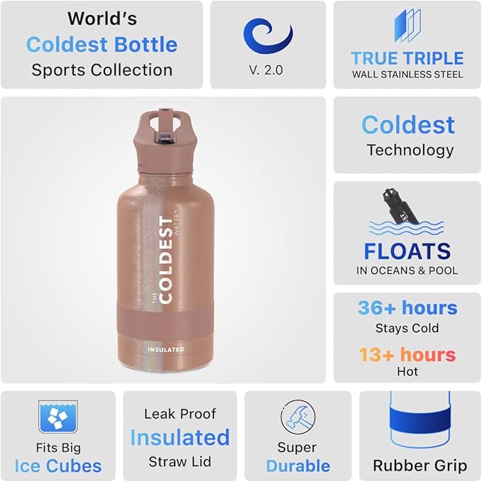 Coldest Sports Water Bottle with Straw Lid Vacuum Insulated Stainless Steel Metal Bottles Leak Proof Flask for Sports Gym (64 oz, Golden Rose Glitter)