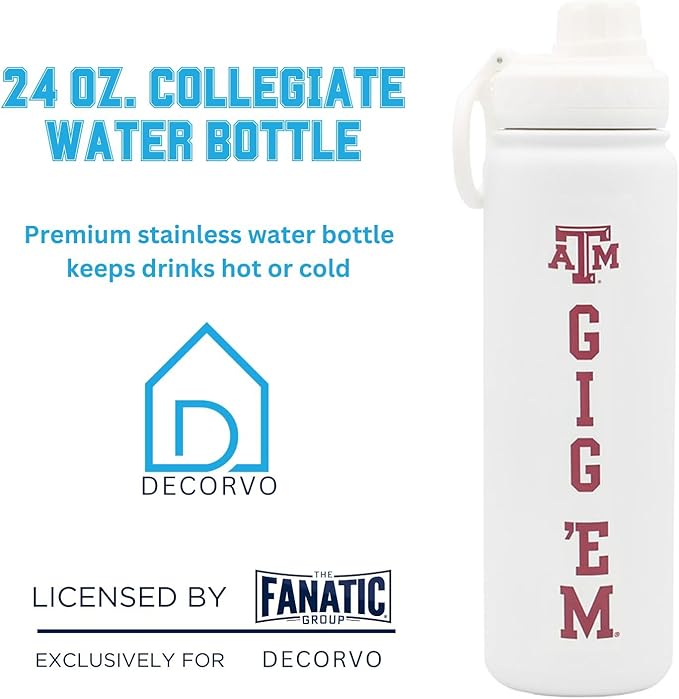 Texas A&M Gig Em Water Bottle - White Double Walled Stainless Steel 24 oz Keeps Drinks Cold or Hot