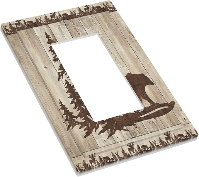 Rustic Wood Bear Forest 1 Gang Rocker Light Switch Plate Vintage Antique Cabin Single Decora Outlet Wall Plate Cover Faceplate Decorative Switchplate GFCI for Farmhouse Bathroom Bedroom Decorate