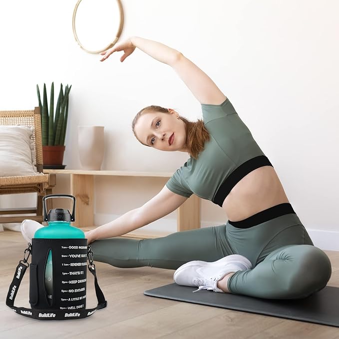 QuiFit 1 Gallon Water Bottle - with Straw & Motivational Time Marker Leak-Proof BPA Free Reusable Gym Sports Outdoor Large(128OZ) Capacity Water Jug(Green/Black with Sleeve,1 Gallon)
