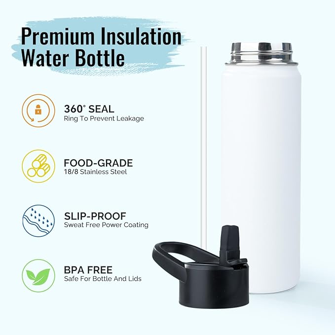 Stainless Steel Water bottle with Straw & Wide Mouth Lid, Wide Rotating Handle, 24oz Double Wall Vacuum Insulated Water Bottle Leak Proof, BPA Free, Keep Cold and Hot, 24oz, White