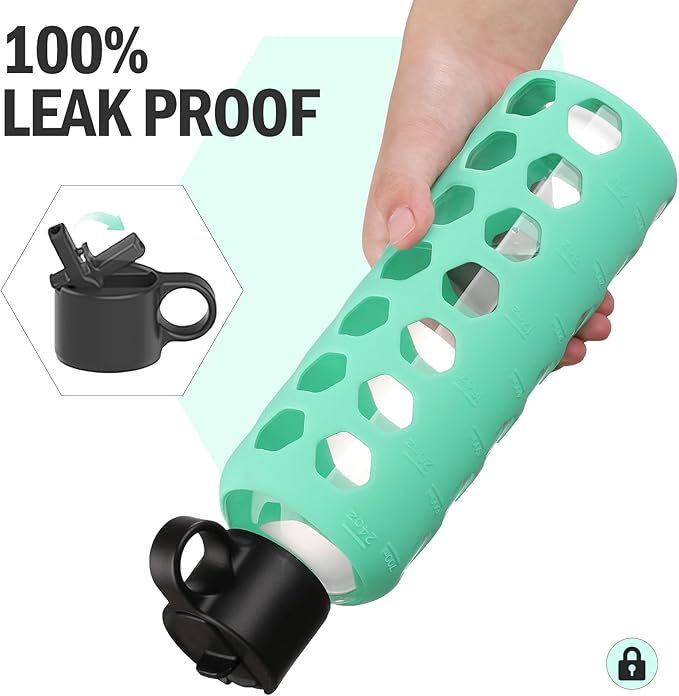 MUKOKO Glass Water Bottles, 24oz Glass Tumbler, Drinking Bottles with 2 Lids-Handle Flip Straw Lid&Bamboo Lid, Motivational Water Bottle with Time Marker and Silicone Sleeve, Leakproof-1 Pack-Green