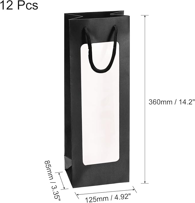 uxcell Wine Bags, 12pcs 4.92"x3.35"x14.2" Wine Gift Bags with Rope Handles, Paper Wine Tote Bag with Clear Window for Wedding Birthday Christmas Party Supplies, Black