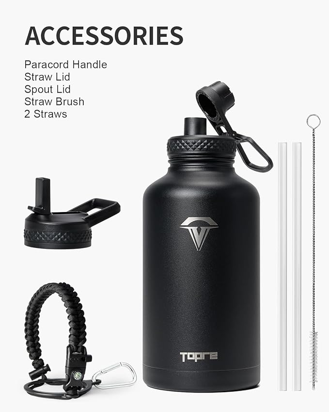 Half Gallon Water Bottle,64oz Insulated Water Bottle Stainless Steel Vacuum, Cold for 48 Hrs,BPA-Free & Leakproof -with Handle,Straw Spout Lids,Big Flask Jug for Gym Sports,Black without Pouch