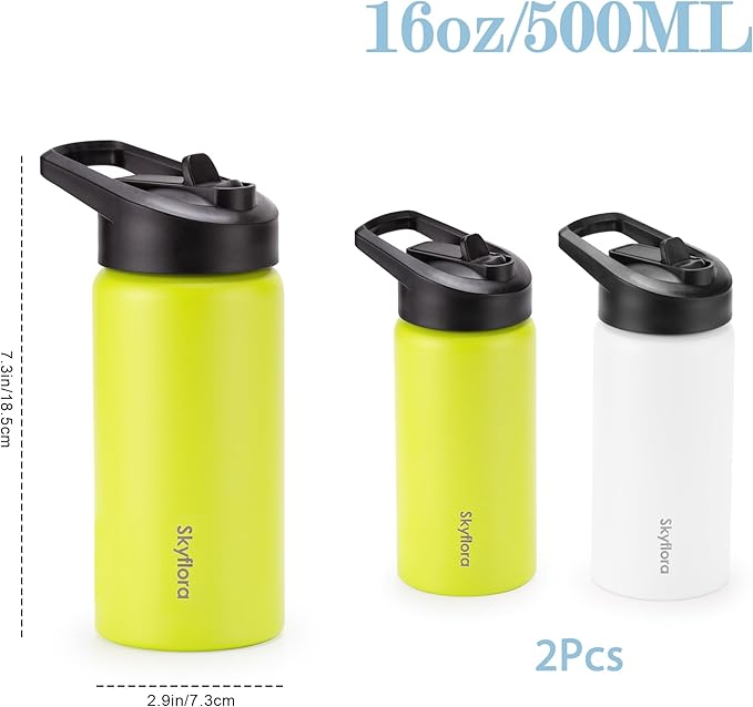 Kids Water Bottle with Straw 2 Pack, 16oz Water Bottles Bulk, Single Wall 18/8 Stainless Steel, Dishwasher Safe & Leakproof, Reusable Gift for Girls Boys to School Sports Travel Camping, White & Lemon