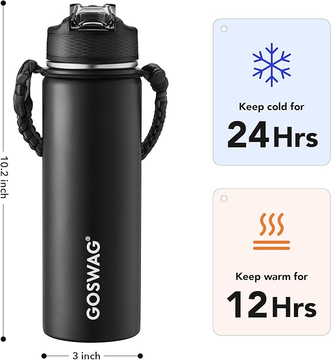 GOSWAG Insulated Sports Water Bottle, 24oz 2 Lids(with Straw/No Straw), Stainless Steel Water Bottles with Paracord Handle, Insulated Thermos with Double-Wall Vacuum Insulation