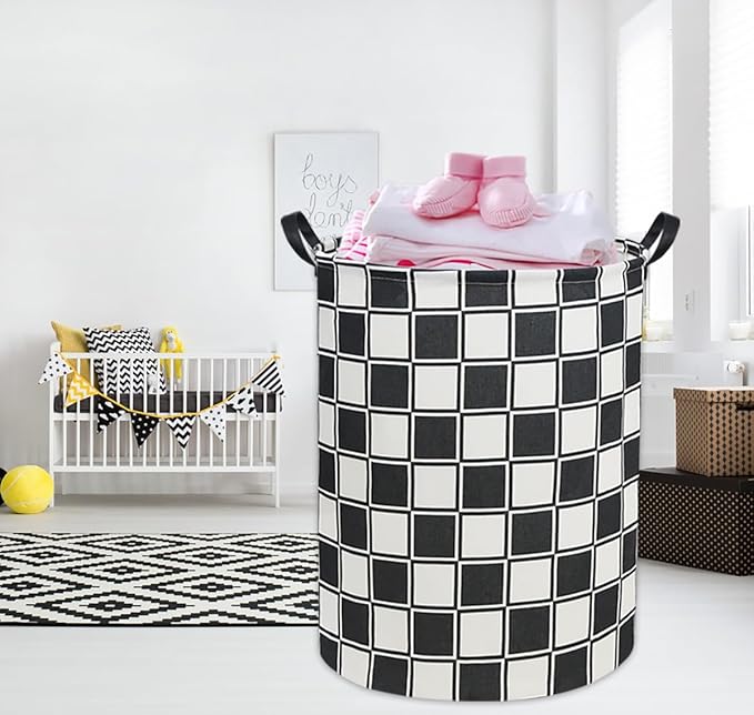 Checkerboard Kids Laundry Basket Baby Hamper Balck White Checkered Toy Storage Bin for Boys Room Decor Baby Nursery Hamper Gift Baskets for Bedroom Bathroom(Balck White Checkered)