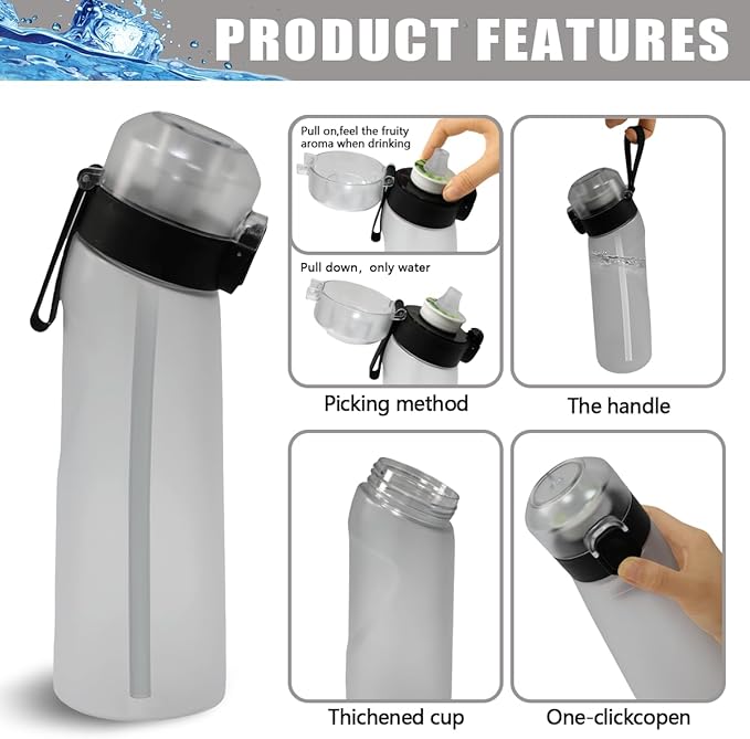 Water Bottle with Flavor Pods 21.9 Oz/650ml Fruit Fragrance Water Bottle Recyclable Sports Air Water Cup Scented Pods for Outdoor (Transparent)