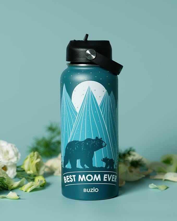 BUZIO 32oz Mom Water Bottle Bear Mama, Vacuum Insulated Water Flask with Straw, Stainless Steel Water Bottle Metal Thermo Mug for Mother Day, Best Mom Birthday Gifts from Kids