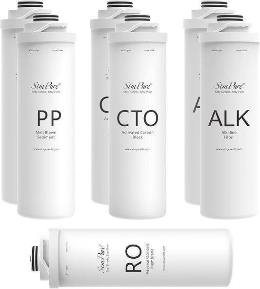 SimPure T1-400ALK 1-Year Replacement Filter Cartridge Pack Set for T1-400ALK Tankless Reverse Osmosis Water Filter System (2*PP Filter+2*CTO Filter+1*RO Filter+2*ALK Filter)