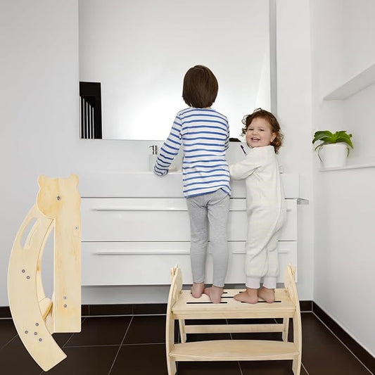 Foldable Step Stool for 2 Toddlers/Twins, Kids Stool with 22.7-Inch Wide Step, Safety Handles, Anti-Slip Strips, Toddler Step Stool for Bathroom Sink, Toilet, Kitchen Wooden 2 Step Stool