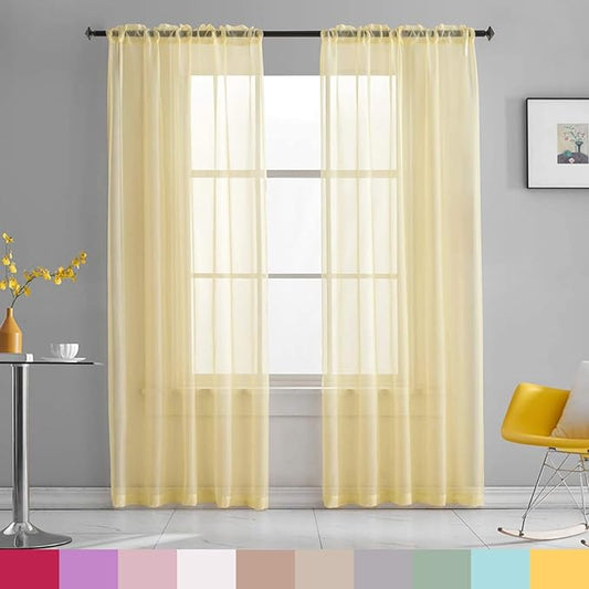 Light Yellow Sheer Voile Curtains Translucent Solid Color Window Treatment 84 Inches Long Panels Rod Pocket Light Yellow Sheers for Bedroom Living Room 2 Panels 52x84 Pastel Yellow