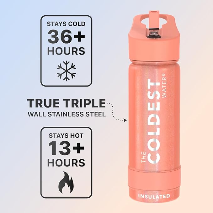 Coldest Sports Water Bottle - Straw Lid Bottle with Handle Leak Proof, Vacuum Insulated Stainless Steel, Double Walled, Thermo Mug, Metal | Pink Froze 18 oz