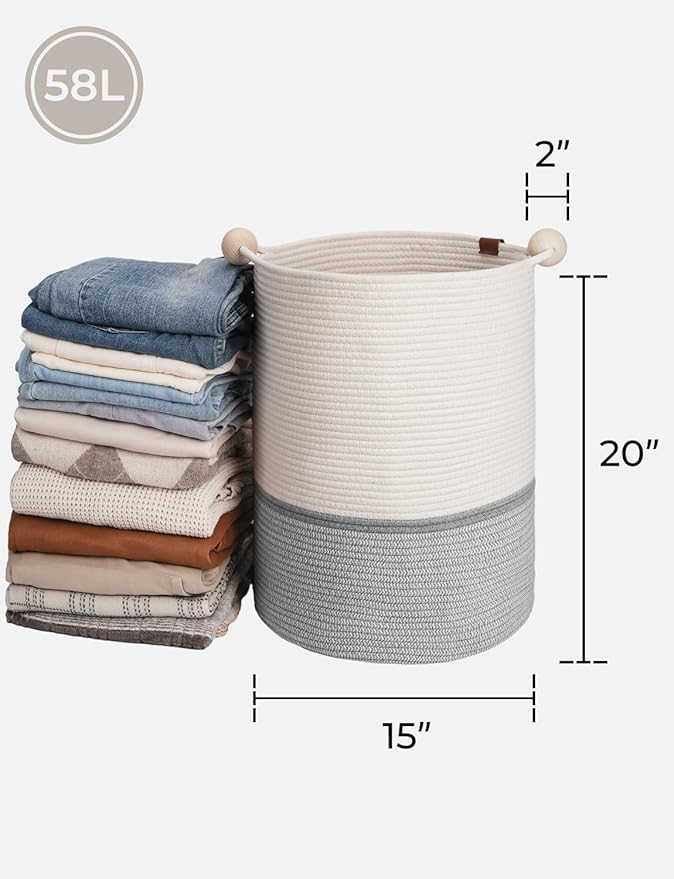 StorageWorks 58L Cotton Rope Laundry Basket with Wooden Beads Handles, Woven Basket for Storage, Dirty Clothes, Kids Toys, Towels, White & Grey