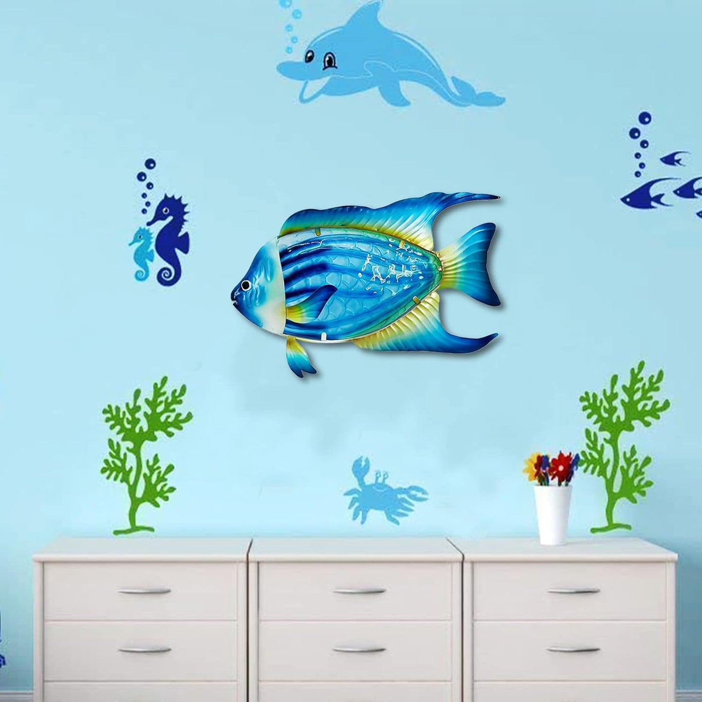 John's Studio Fish Sea Wall Decor Outdoor Metal Garden Hanging Art Glass Sculptures Home Ocean Theme Decorations for Kitchen Bathroom and Pool - Blue