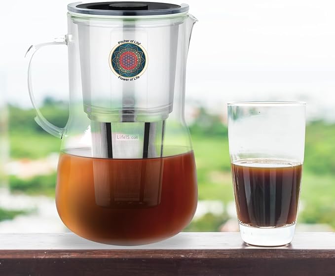 Borosilicate Glass Alkaline Water Pitcher of Life with Stainless Steel Fruit infuser Glass Water Filter Pitcher with Lid Clearly Filtered Water Pitcher Increases pH NSF/ANSI 42 & 61 Certified Filters