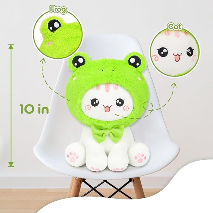 Cute Frog Cat Plush Toy 10" Kawaii Kitten Stuffed Animal, Cat Froggy Plushie Pillow Gift for Kids