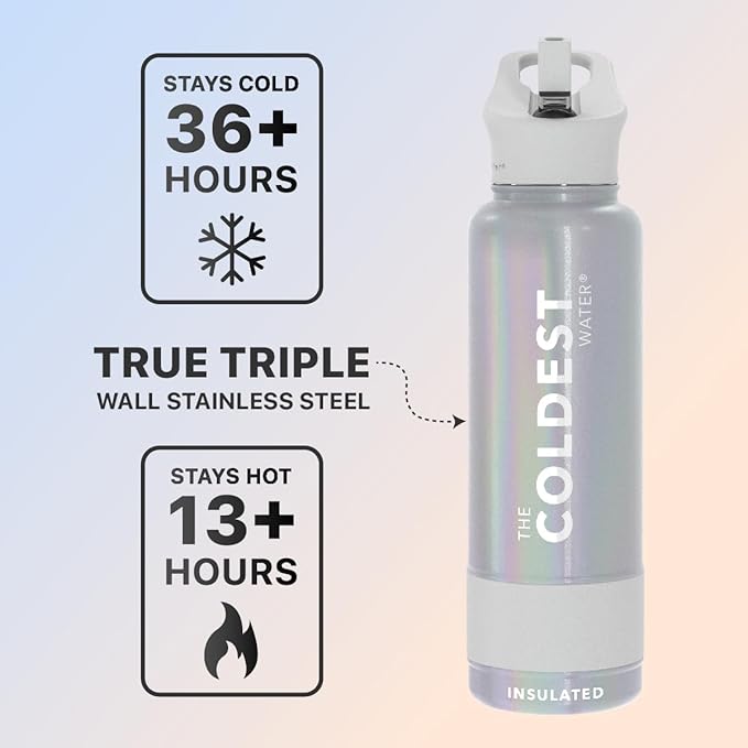 Coldest Sports Water Bottle with Straw Lid Vacuum Insulated Stainless Steel Metal Thermos Bottles Reusable Leak Proof Flask for Sports Gym (40 oz, Supernova Silver Glitter)