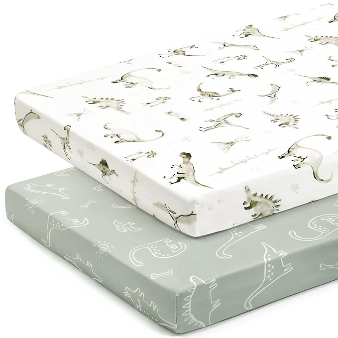 GRSSDER Pack n Play Sheets Fitted 2 Pack, Stretchy Ultra Soft Pack and Play Sheets, Universal Fitted Portable/Mini Crib Mattresses Snug and Safe, Jersey Crib Sheets for Boys, Dinosaurs