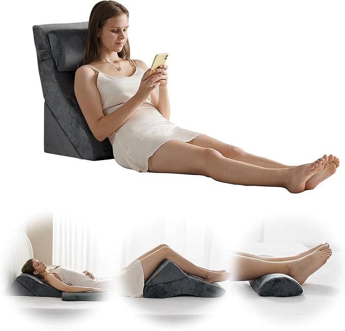 Qirroboni 3PCS Orthopedic Bed Wedge Pillow Set, Adjustable Pillows for Neck Back and Leg Pain Relief Comfortable & Post Surgery Foam- Heartburn Anti Snoring Acid Reflux & GERD Sleeping Charcoal Grey