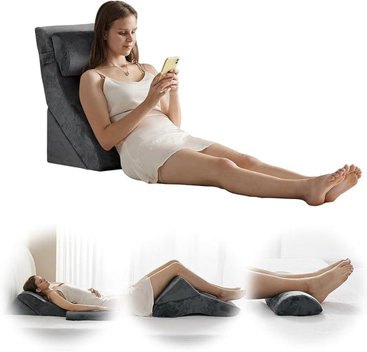 Qirroboni 3PCS Orthopedic Bed Wedge Pillow Set, Adjustable Pillows for Neck Back and Leg Pain Relief Comfortable & Post Surgery Foam- Heartburn Anti Snoring Acid Reflux & GERD Sleeping Charcoal Grey