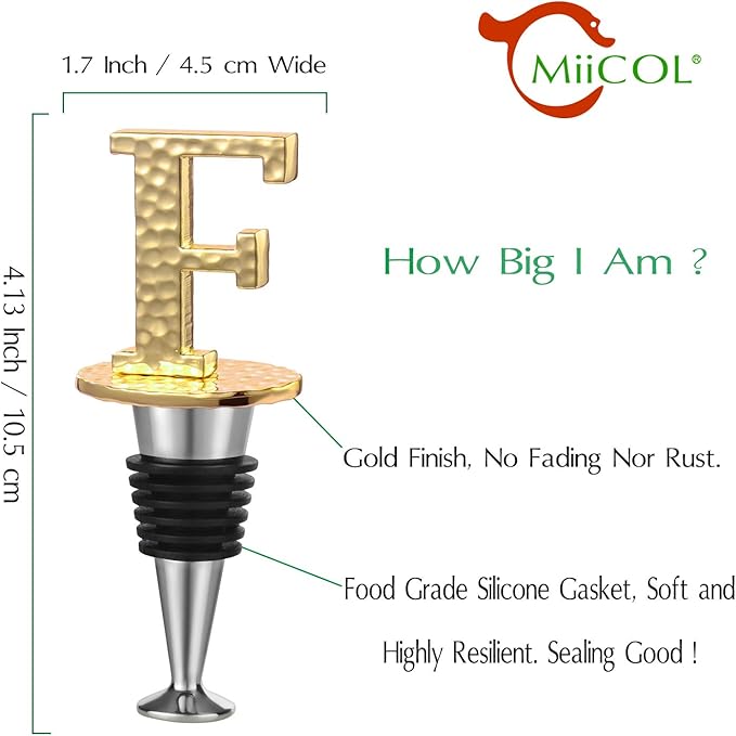 Miicol Wine Stopper, Prosecco Stopper, Wine Bottle Stopper, Personalised Champagne Stopper, Gold Wine Accessories, Wine Lovers Gift, Monogram Gift, Letter F