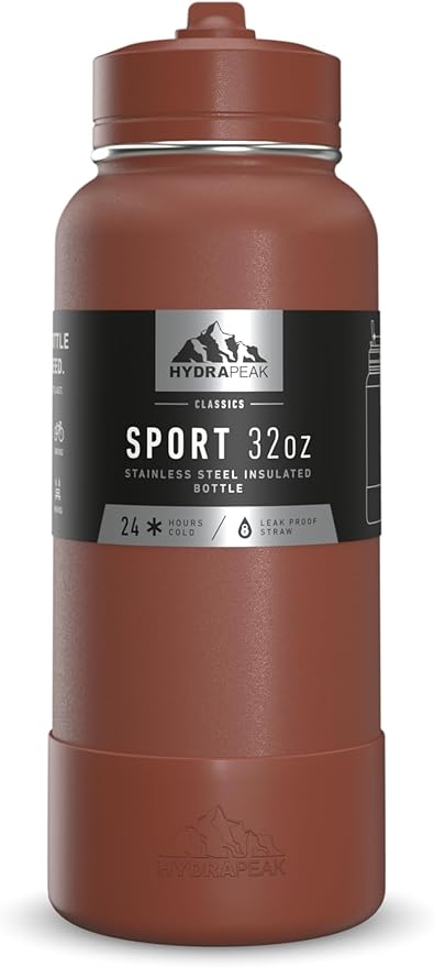 Hydrapeak 32oz Sport Insulated Water Bottle with Straw or Chug Lid, Leak & Spill Proof, Keeps Drinks Cold for 24 Hours, Hot for 12 Hours, Premium Stainless Steel Water Bottles (32oz, Gingerbread)