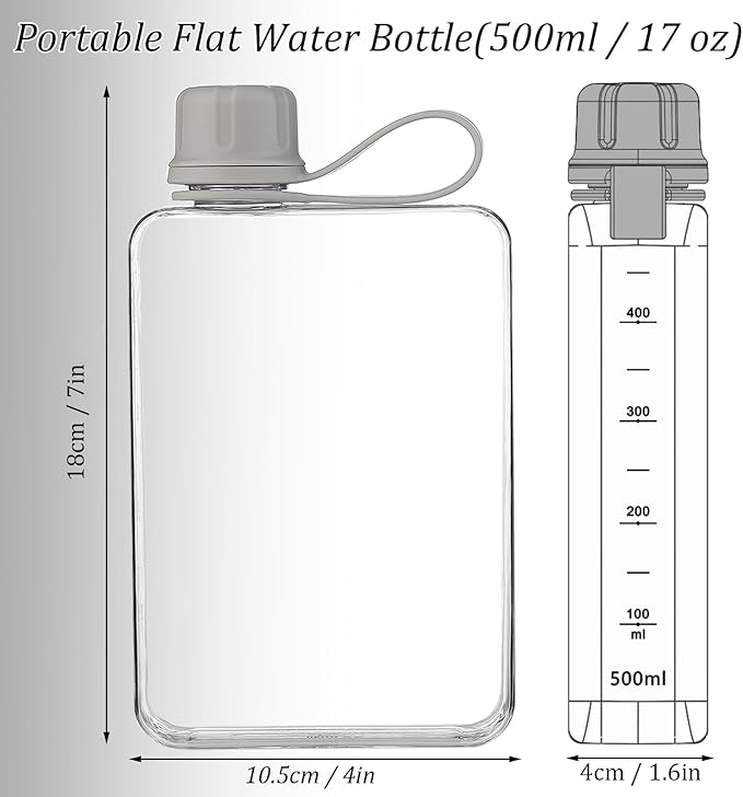 Tritan Transparent Flat Water Bottle samll Water Bottle Slim Square Pocket Bottle Water Flask, BPA Free/Slim Design/Leak Proof Water Bottle for Travel, Outdoor, Sports, Camping (Grey, 500ML)