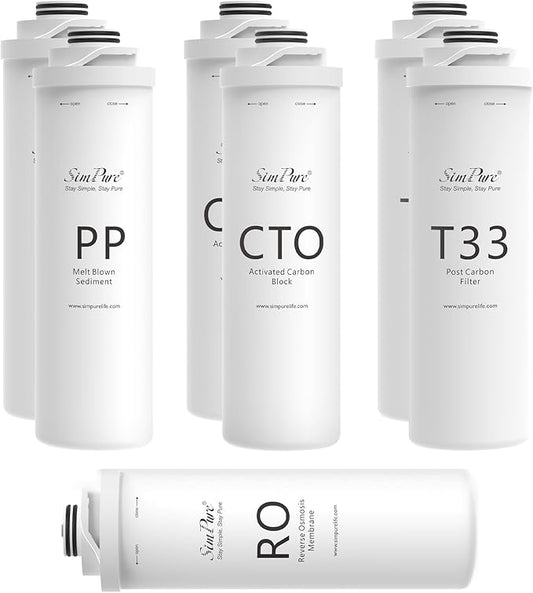 SimPure T1-400UV 1-Year Replacement Filter Cartridge Pack Set for T1-400UV Tankless Reverse Osmosis Water Filter System (2*PP Filter+2*CTO Filter+1*RO Filter+2*T33 Filter)