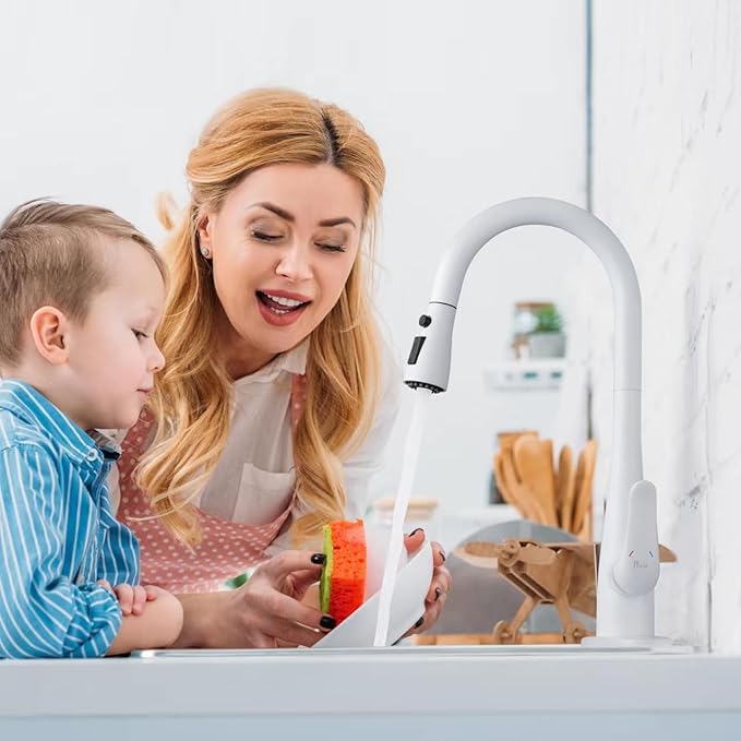 Kitchen Faucet with Soap Dispenser and Pull Down Sprayer - Stainless Steel Single Handle Kitchen Sink Faucet, 1 or 3 Hole Design for Modern Farmhouse Kitchens, Rv, and Bar Sinks(White)