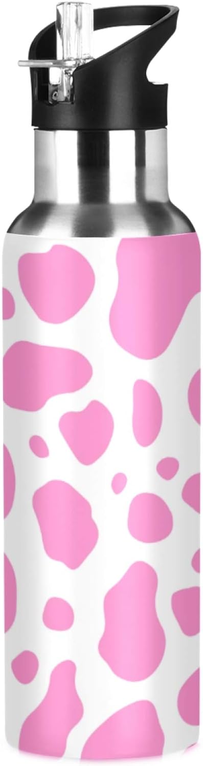 Qilmy Black and White Leopard Water Bottle Vacuum Insulated Stainless Steel Water Bottles with Straw Lid Leakproof Wide Mouth Water Flask for Fitness Outdoor Sports, 20 oz