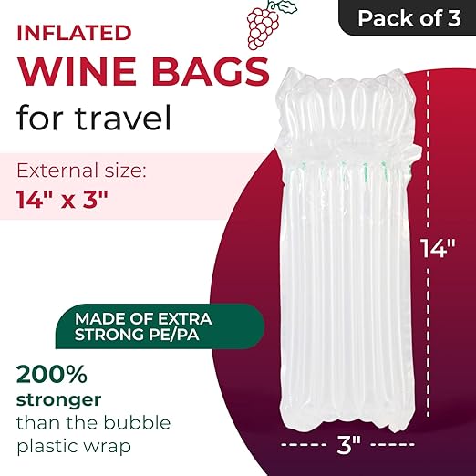 IDL Packaging Inflated Wine Bags for Travel, Pack of 3 - Reusable Air Column Bags for up to 750 ml Bottles - Wine Bottle Protector for Packing, Travel and Shipping - Glass Cushioning