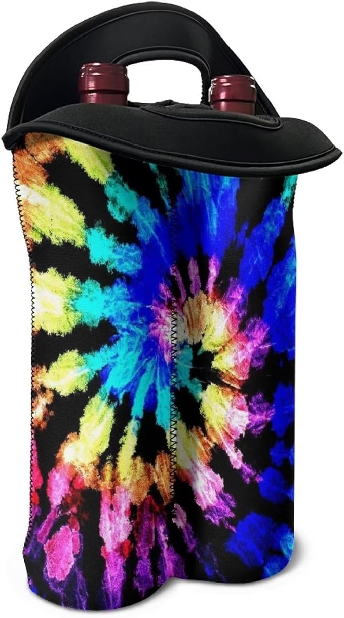 doginthehole Insulated Wine Carrier Tie Dye Design Wine Carrier Bag Neoprene Champagne Bottle Protective Cover Bags Portable Wine Cooler Bag for Travel Picnic Beach Wine Gifts