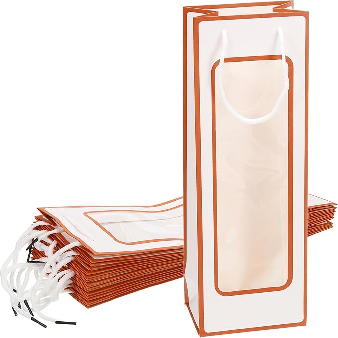 uxcell Wine Bags, 20pcs 4.92"x3.35"x14.2" Wine Gift Bags with Rope Handles, Paper Wine Tote Bag with Clear Window for Wedding Birthday Christmas Party Supplies, White Orange