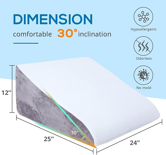 Sasttie Wedge Pillow for Sleep Apnea, 12 Inch Memory Foam Bed Wedge Pillow for Acid Reflux Relief, 30 Degree Triangle Incline Pillow Wedge for Sleeping with Removable Cover, Cool Grey