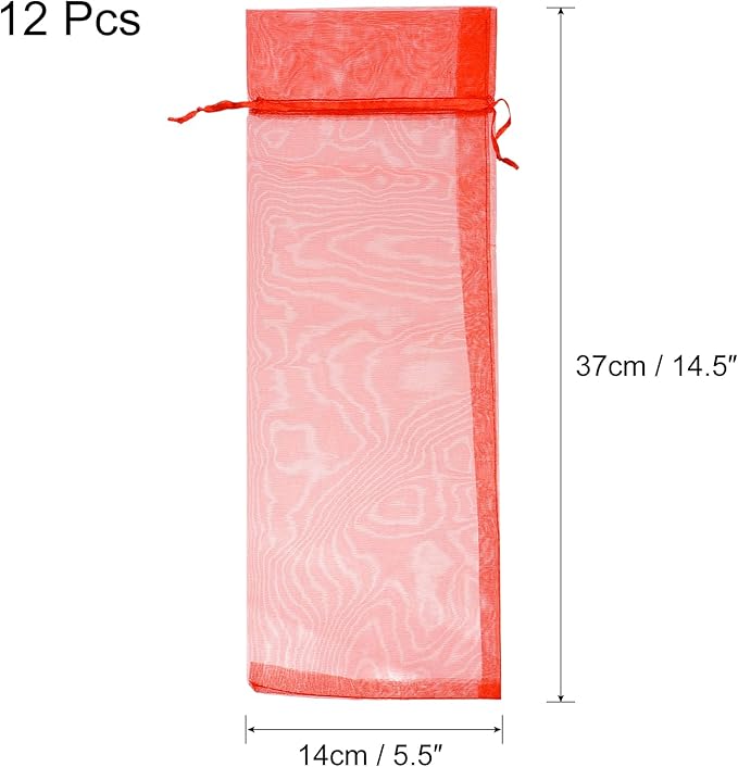 uxcell Organza Wine Bags, 12PCS 14.5 x 5.5 In Red Sheer Mesh Organza Wine Wrapping Bags With Drawstring Wine Gift Pouches for Bottle Birthday, Wedding Party