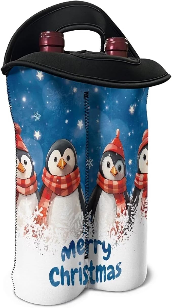 doginthehole Merry Christmas Wine Carrier Tote Bag for 2 Bottles Cute Penguin Neoprene Wine Bottle Holder with Carry Handle, Wine Protective Bag Beer Cans Water Bottle Holder for Travel Picnic