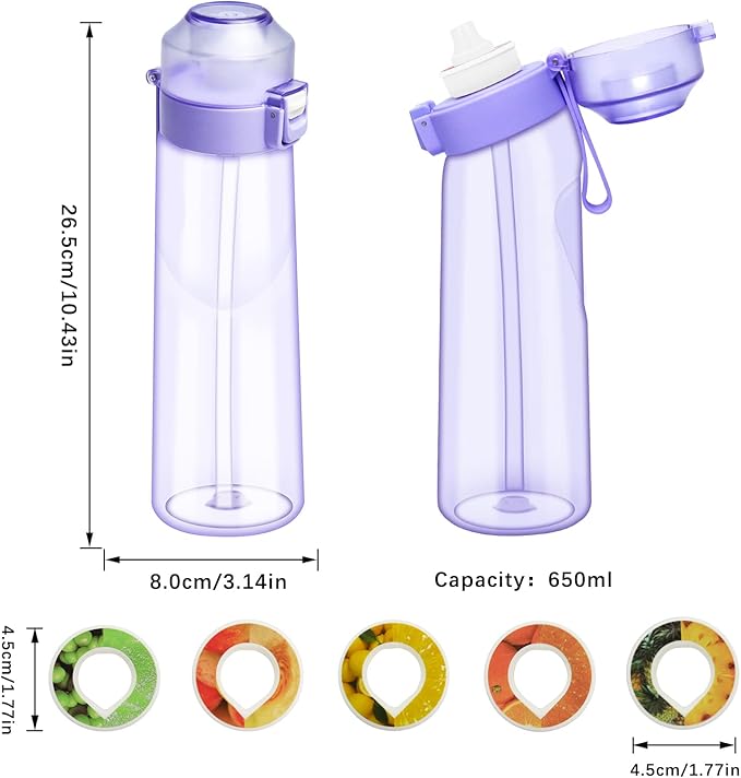 Water Bottle with Flavor Pods 21.9 Oz/650ml Fruit Fragrance Water Bottle Recyclable Sports Air Water Cup Scented Pods for Outdoor (Purple 650ML)