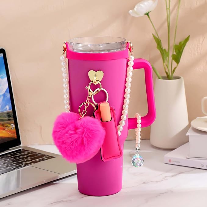 Water Bottle Accessories Set with Silicone Water Bottle Handle with Strap Hanging Charms Compatible with Stanley Cup(Rose Red)