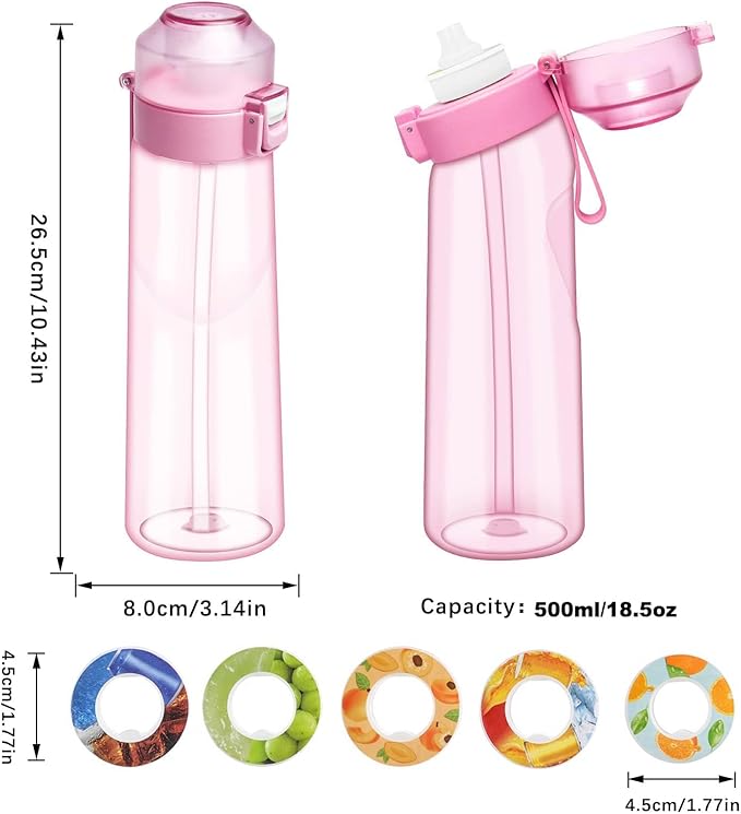 Water Bottle with Flavor Pods 21.9 Oz/650ml Fruit Fragrance Water Bottle Recyclable Sports Air Water Cup Scented Pods for Outdoor (Pink 650ML)