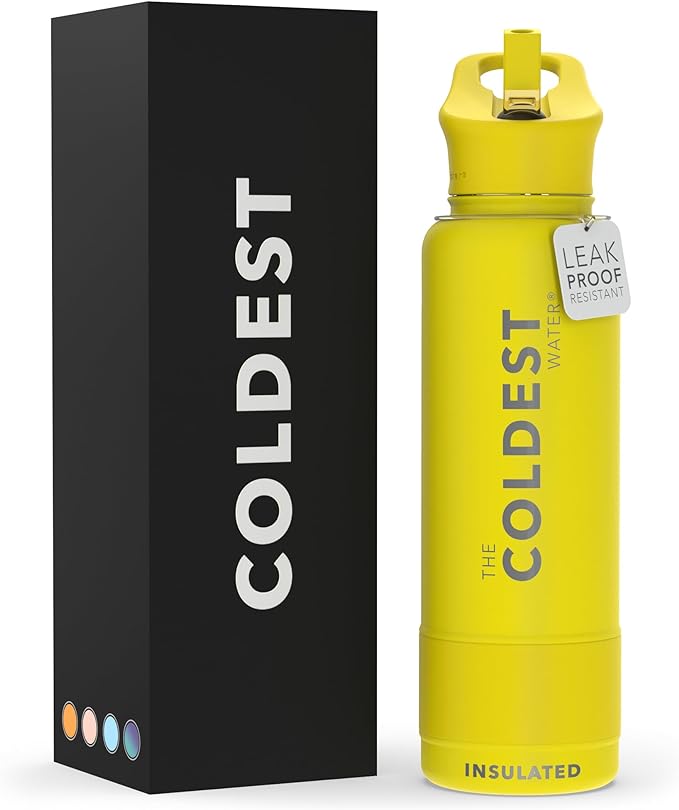 Coldest Sports Water Bottle with Straw Lid Vacuum Insulated Stainless Steel Metal Thermos Bottles Reusable Leak Proof Flask for Sports Gym (Rocket Yellow, 40 oz)