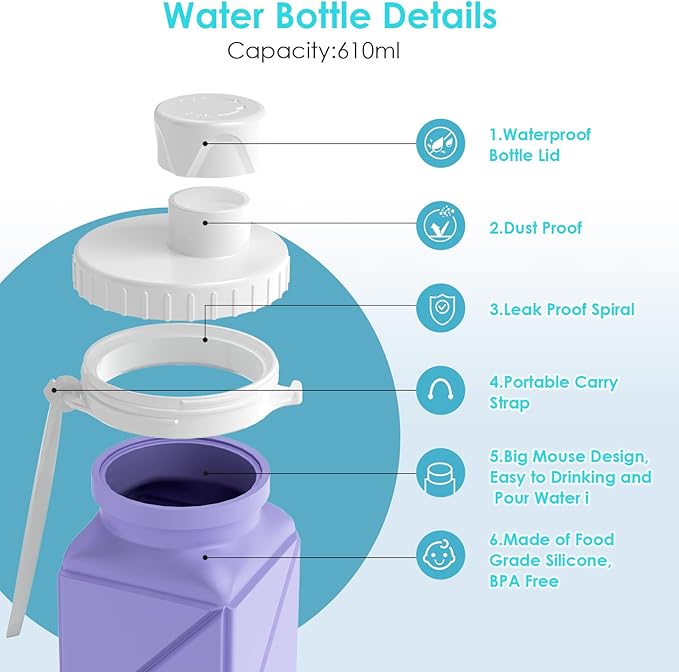 Collapsible Water Bottles 20.7oz Leakproof with Straw Lid Food-Grade BPA-Free Silicone Travel Foldable Water Bottles for Sports Office Gym Hiking Driving 610ML (Light Purple+Army Green)