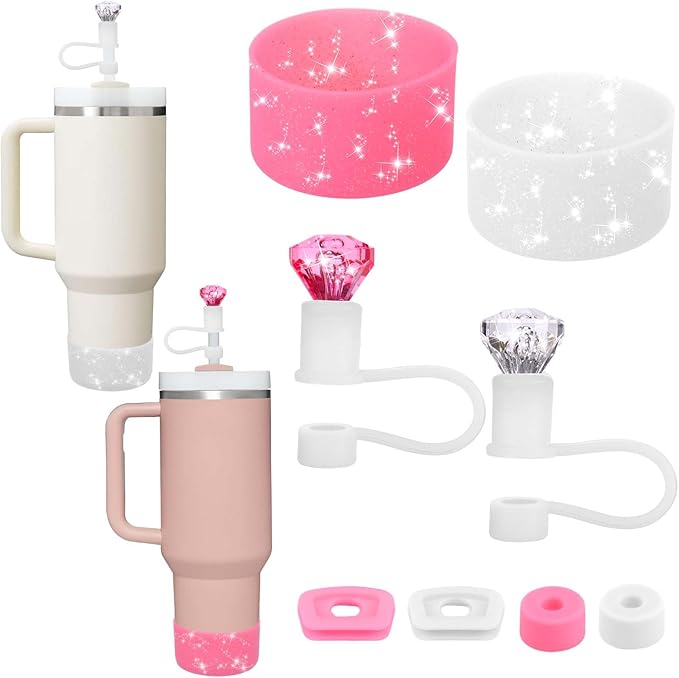 Mity rain Set for Stanley Cup Accessories, Including 2Pcs Diamond Straw Topper, 4 Pcs Silicone Spill Proof Stopper, 2Pcs Protective Glitter Silicone Boot, Pink and White Set for Stanley Cup 40/30 OZ