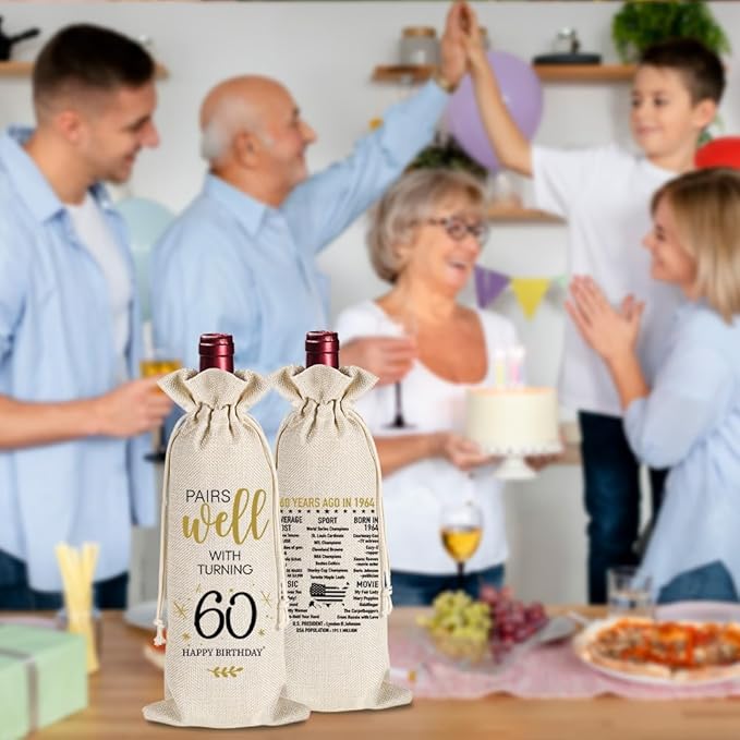 yaanunulu 60th Birthday Gifts for Women Men, 60 Years Old Birthday Wine Bag Gifts, 60th Birthday Decorations, 1964 Birthday Gift, Happy 60th Birthday Party Wine Bag Gifts, Pairs Well With Turning 60