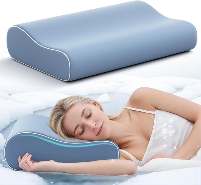 Cooling Cervical Neck Pillow for Sleeping - Contoured Memory Foam Pillow with 2 Heights - Ergonomic Sleep Pillow for Side Sleepers, Back Sleeping, Stomach Sleepers (Light Steel Blue)