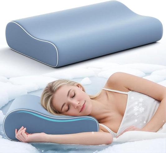 Cooling Cervical Neck Pillow for Sleeping - Contoured Memory Foam Pillow with 2 Heights - Ergonomic Sleep Pillow for Side Sleepers, Back Sleeping, Stomach Sleepers (Light Steel Blue)