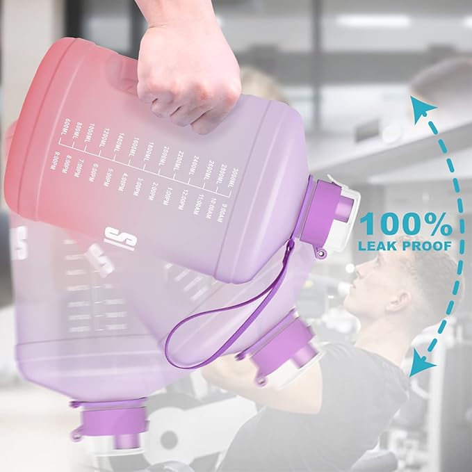 Gallon Big Water Bottle with Handle, 128oz Leakproof BPA Free Fitness Sports Water Bottle with Motivational Time Marker & Wide Mouth Ensure You Drink More Water