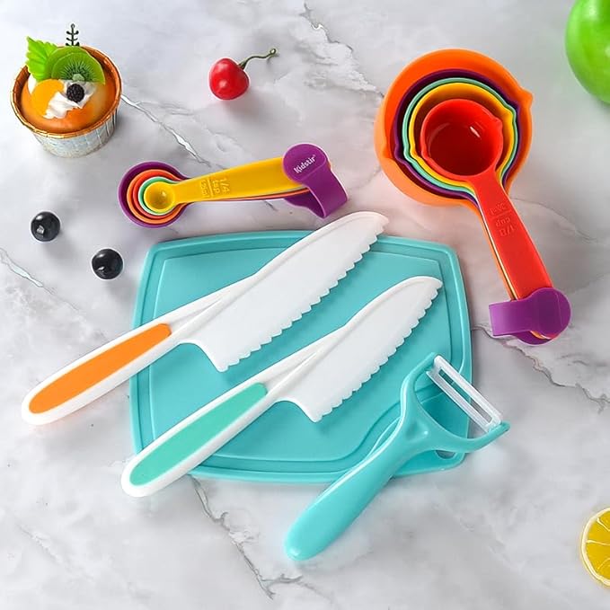 Cooking Set for Kids, Real Cooking Kids Baking Set with Organizer Carrying Case for Girls, Kitchen Tools Kids Knife Set for Boys, Kid, Toddler, Gift, Toys-Blue