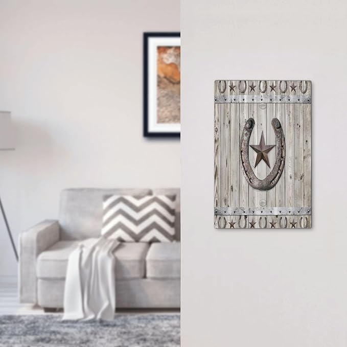 Rustic Western Wood Barn Door Horseshoe Iron Star 1 Gang Light Switch Covers No Device Wall Plate Decorative Blank Switchplate Electrical Faceplate for Farmhouse Country Bedroom Decor