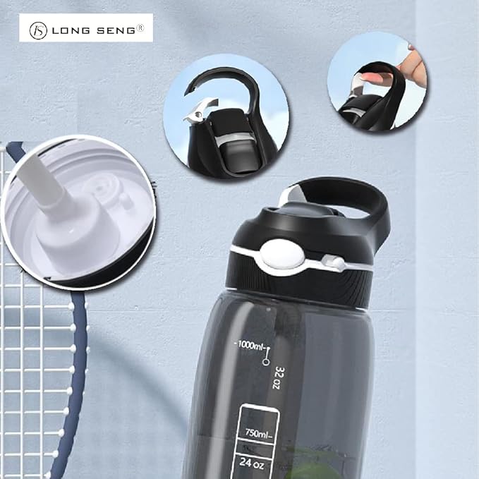 Sports Water Bottle 35 OZ, Gym Leak Proof Wide Mouth Straw Water Bottles Black BPA-Free Plastic Water Bottle Odorless Light Portable Easy Clean Water Bottles For Adults Man Woman